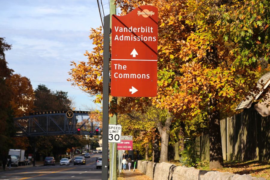 Street signage for the Vanderbilt Office of Undergraduate Admissions and The Commons, as photographed Nov. 17, 2021. (Hustler Multimedia/Hallie Williams)