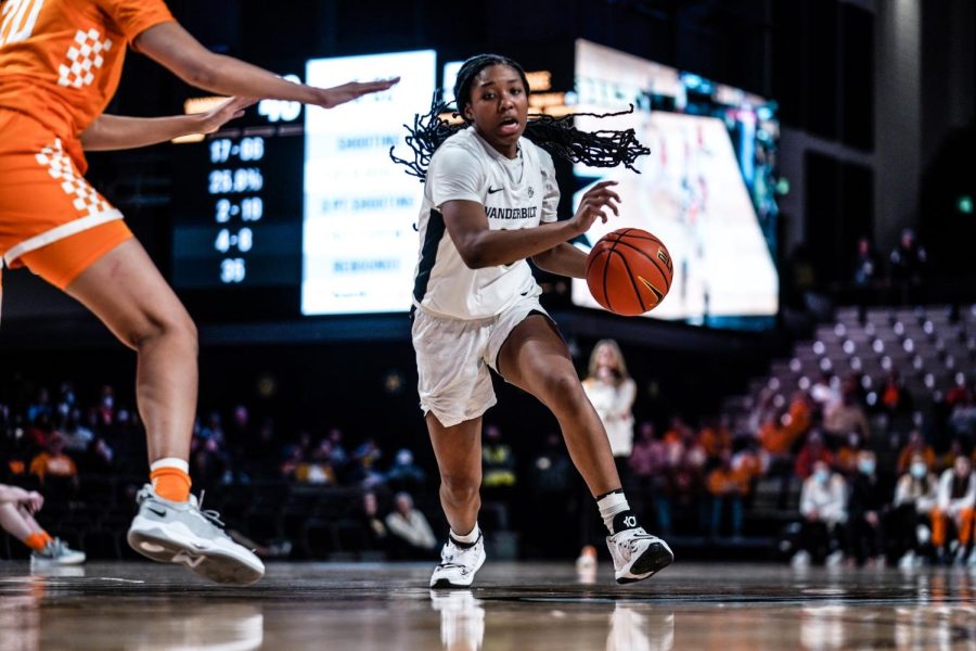 Freshman guard Iyana Moore drives left against Tennessee on Jan. 13, 2022.