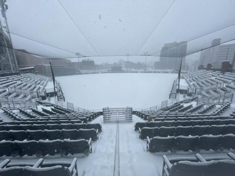 Snow seen accumulating on Hawkins Field on Jan. 6, 2022.