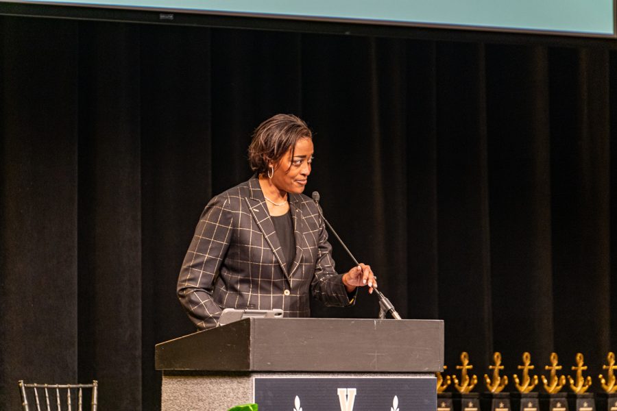 Candice Storey Lee, Vice Chancellor, Athletics and University Affairs and Athletic Director, speaks at the Vanderbilt Athletics Hall of Fame Induction Ceremony on January 28, 2022 (Hustler Multimedia/Josh Rehders).