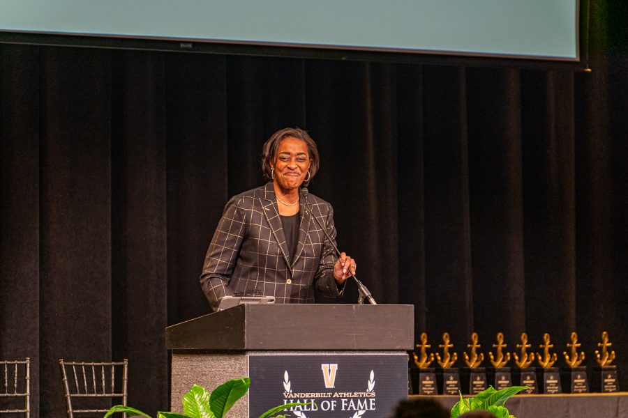 Candice Storey Lee, Vice Chancellor, Athletics and University Affairs and Athletic Director, speaks at the Vanderbilt Athletics Hall of Fame Induction Ceremony on Jan. 28, 2022. (Hustler Multimedia/Josh Rehders).