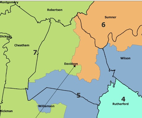 Screenshot of part of the proposed U.S. congressional district maps in Middle Tennessee from the Tennessee Senate Ad Hoc Committee on Redistricting website