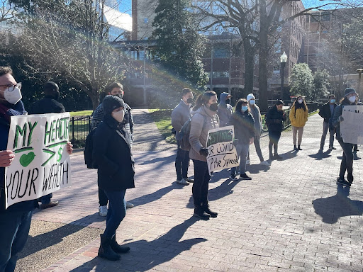 Students protesting outside Buttrick Hall, as photographed on Jan. 26, 2022. (Hustler Staff/Charlotte Mauger)