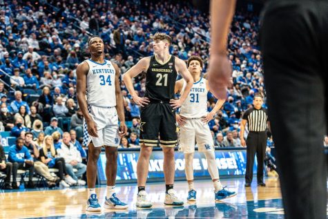 Vanderbilt center Liam Robbins lines up for free throws against Kentucky on Feb. 2, 2022.