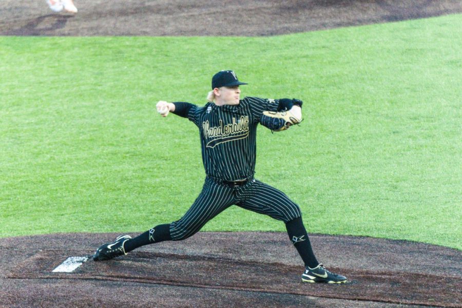Vanderbilt's Chris McElvain throws a pitch in his second career start on Feb. 18, 2022. (Hustler Multimedia/Josh Rehders)
