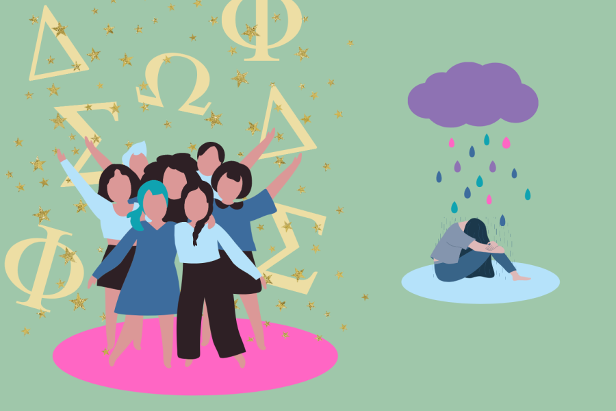 Graphic depicting Spring rush participants and Greek letters against colored background, designed on Monday, Feb. 7, 2022.  (Hustler Staff/Alexa White)