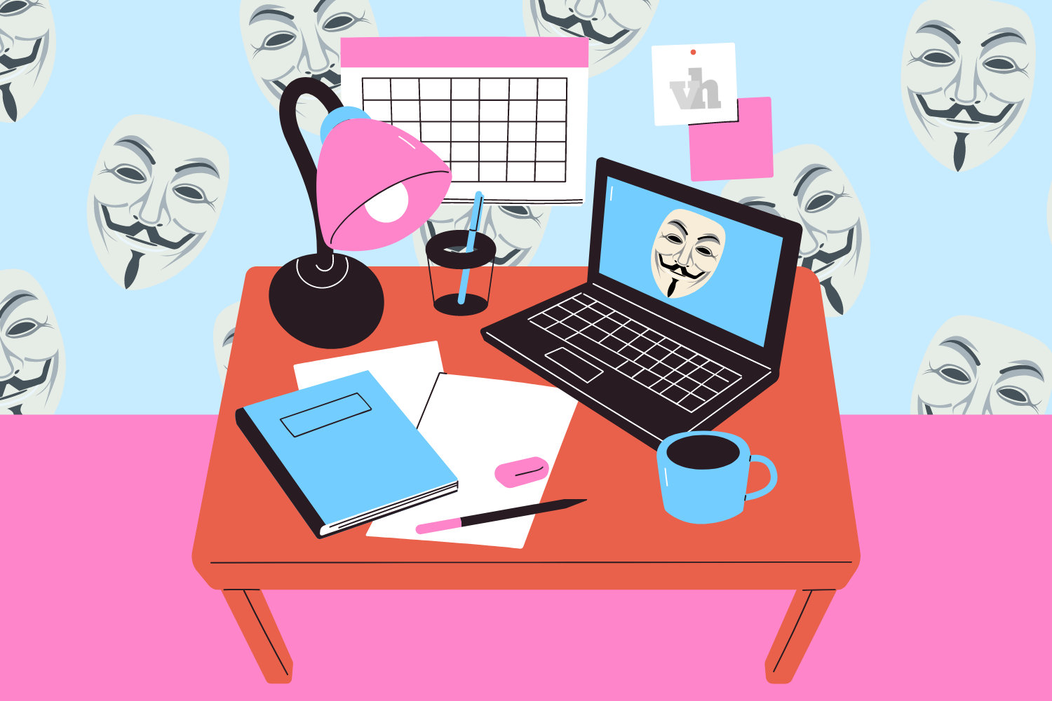 Graphic of a desk, created Feb. 22, 2022, with an anonymous mask and study supplies. Platforms like Yik Yak allow for users to post anonymously. (Hustler Graphics/Alexa White)