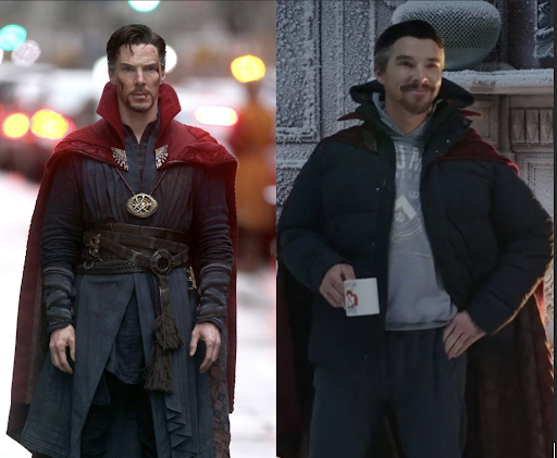 Even Dr. Strange’s fashion sense has taken a turn for the worse, exchanging a snazzy sorcerer’s cloak for a poorly-fitted puffer jacket layered over a crusty looking college sweater. (Marvel Studios/Spider-Man) 