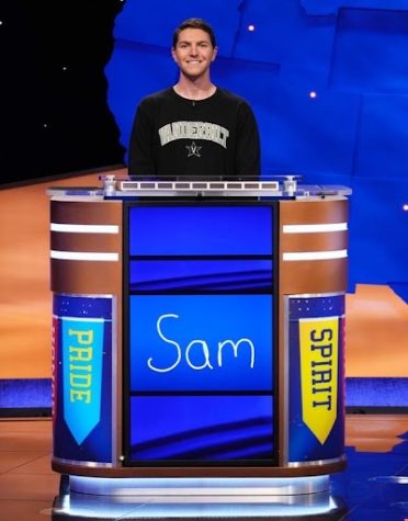 Sam Blum at the Jeopardy! podium