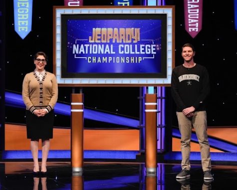 Sam Blum with Jeopardy! National College Championship host Mayim Bialik