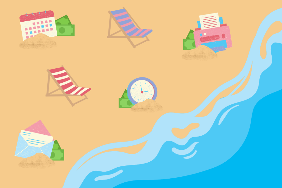 Graphic featuring a beach with office supplies and chairs, created Saturday, Feb. 12. (Hustler Graphics/Alexa White)
