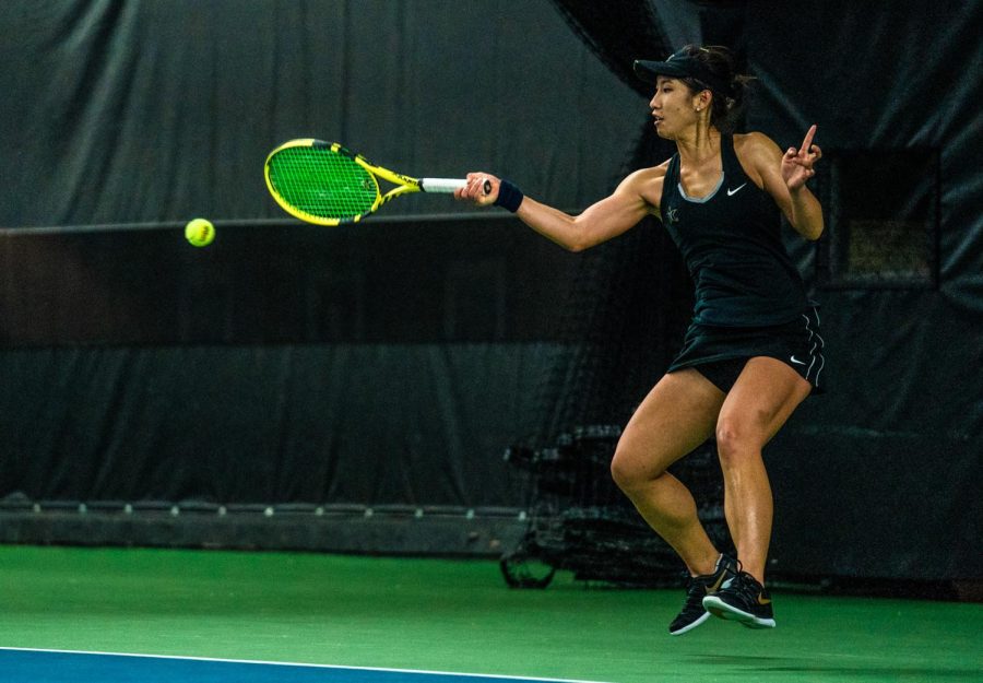 Vanderbilts Yufei Long returns a ball during the Commodores match against Belmont.