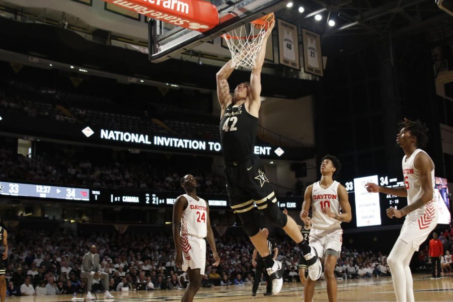Vanderbilt center Quentin Millora-Brown goes up for a dunk in the Commodores win over Dayton on March 20, 2022.