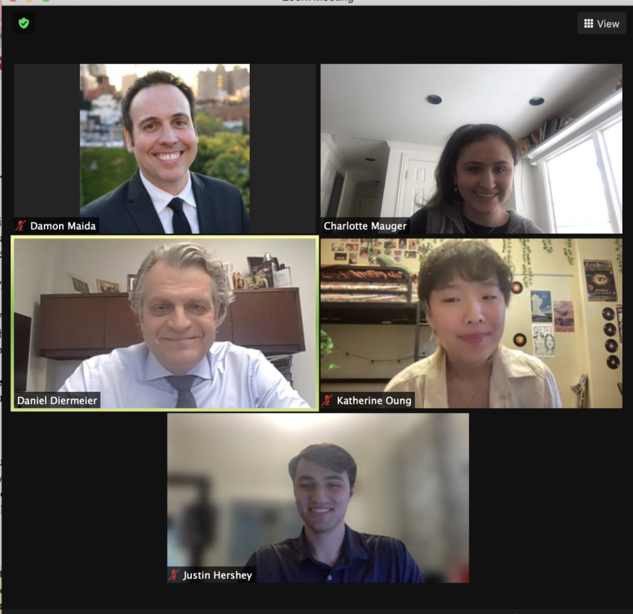 Screenshot of chancellor daniel diermeier and students interviewing on a zoom call