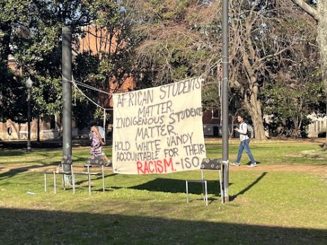 The remade banner hanging outside Rand Dining Hall, as photographed on March 3, 2022