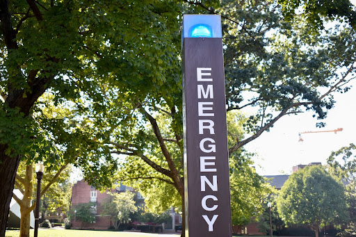Emergency phone station on Alumni Lawn, as photographed on Sept. 27, 2021