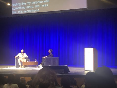 Common speaks with Professor Brittany Chase in Langford Auditorium