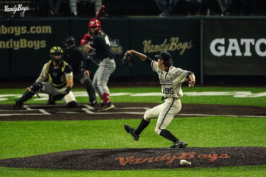 Freshman Devin Futrell pitches in a 12-2 VandyBoys win over Austin Peay on Tuesday, August 5, 2022.