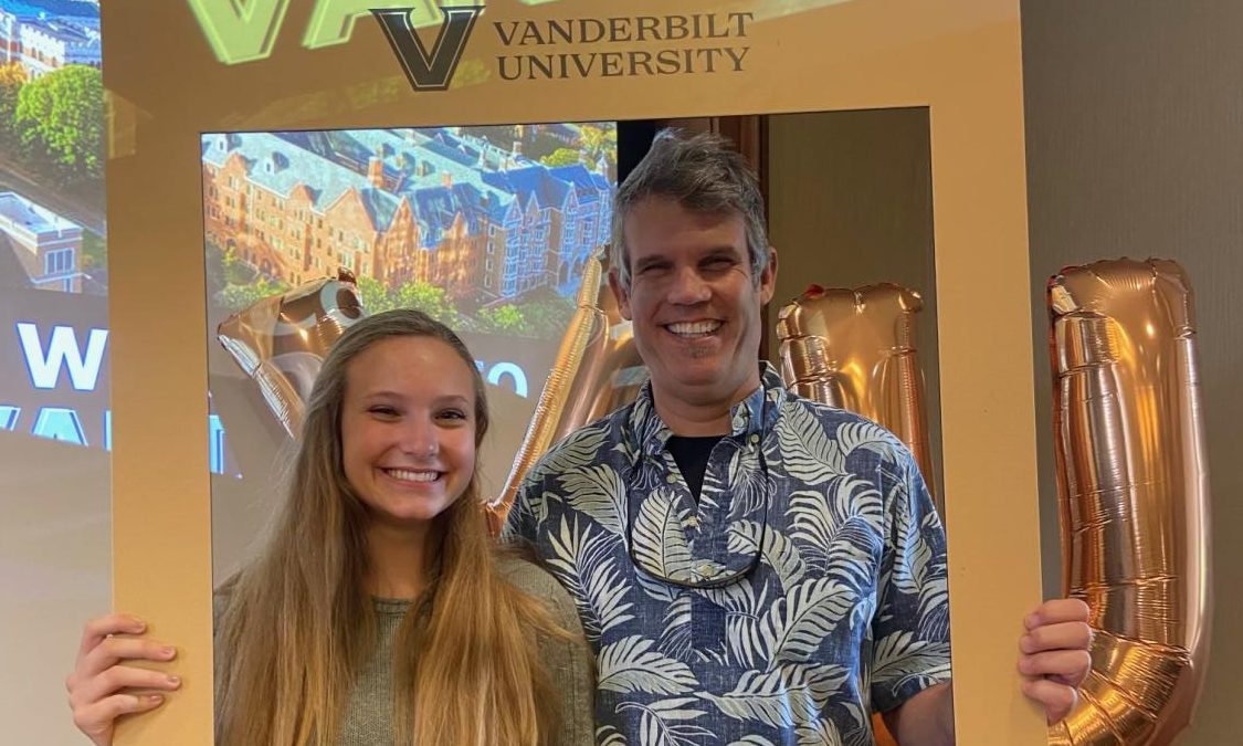 Ella Parsons and her father at an admitted students event on April 15, 2022