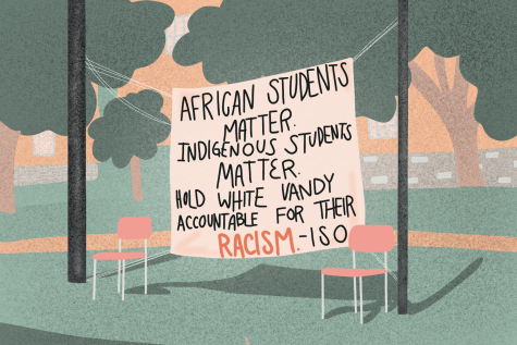 Graphic depicting a banner that reads African Students Matter. Indigenous Students Matter. Hold White Vandy accountable for their racism, created on April 9th, 2022. (Hustler Multimedia/Alexa White)