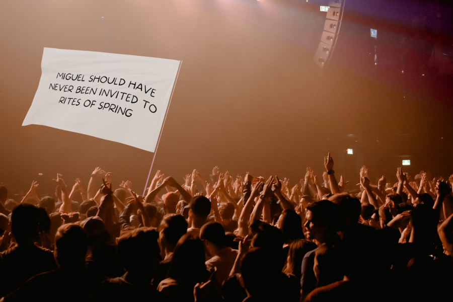 Graphic created on April 21, 2022, depicting a concert crowd holding a flag reading 
