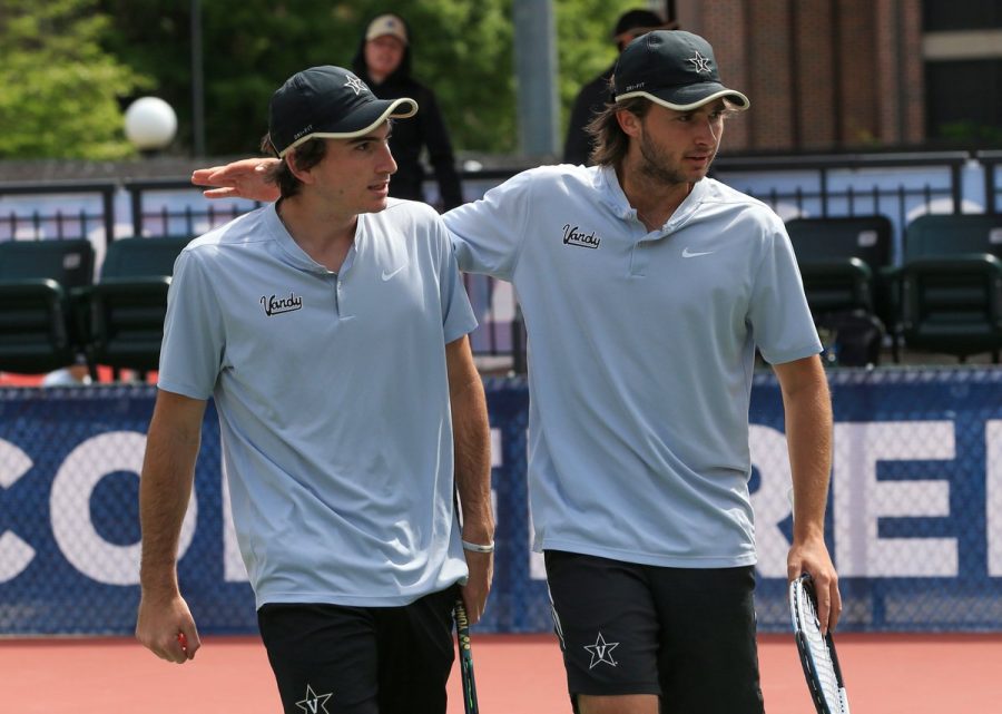 Michael Ross and Jeremie Casabon during the Commodores match against the Alabama Crimson Tide in the first round of the SEC Tournament on April 20, 2022. (Vanderbilt Athletics)