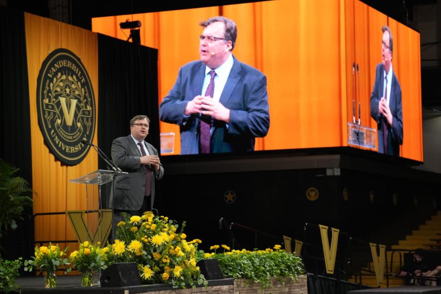 Reid Hoffman delivers the 2022 Graduates Day address in Memorial Gymnasium, as photographed on May 12, 2022. (Photo courtesy of Nick Hessler)