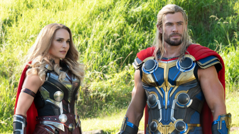 Natalie Portman and Chris Hemsworth as the two Thors in “Thor: Love and Thunder.”