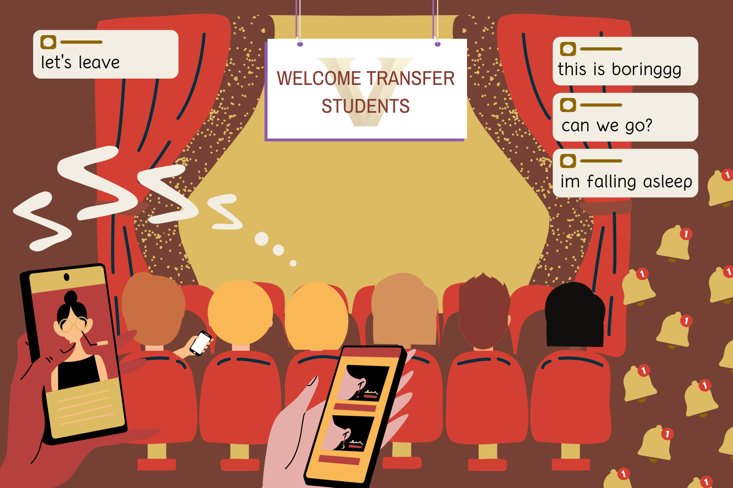 Graphic depicting students at transfer orientation (Hustler Multimedia/Alexa White).
