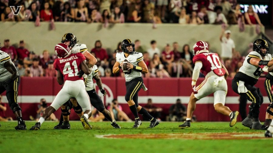 AJ Swann threw for 115 yards in Vanderbilts 55-3 loss to Alabama (Vanderbilt Athletics).