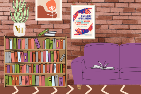 Graphic depicting a room with a poster of the book “A Measure of Belonging.” (Hustler Multimedia/Alexa White)