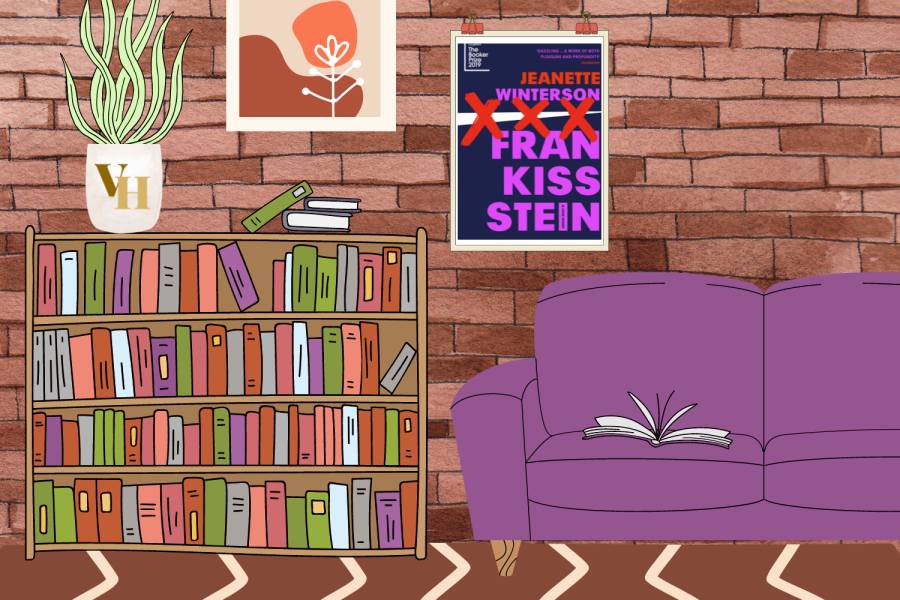 Graphic depicting a room with a poster of the book Frankissstein. (Hustler Multimedia/Alexa White)