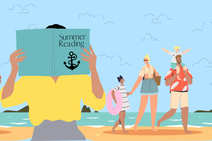 Graphic depicting a girl doing her summer reading while her family enjoys time on the beach (Hustler Multimedia/Alexa White). 