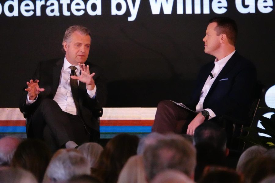 MSNBC’s Willie Geist and Chancellor Diermeier converse with the audience, as photographed on Oct. 7, 2022. (Hustler Multimedia/Jaylan Sims)