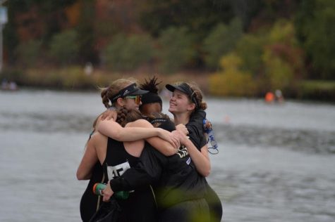 Vanderbilt rowers embrace after their second-place finish, as photographed on Oct. 23, 2022. (Photo courtesy of Dillen Cameron)