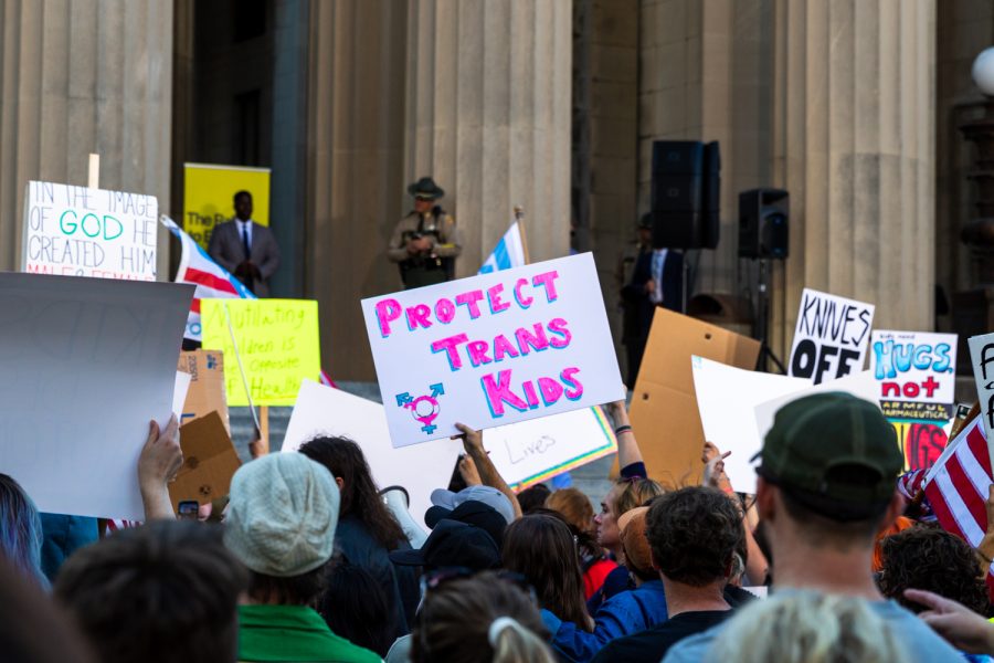 A sign reading protect trans kids at a protest in Nashville as photographed on Oct. 21 (Hustler Multimedia/Barrie Barto).