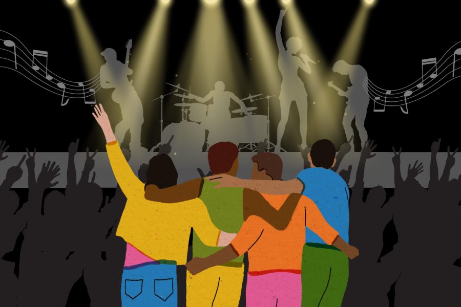 Graphic depicting a group of people embracing each other at a concert. (Hustler Multimedia/Vanessa Schor)