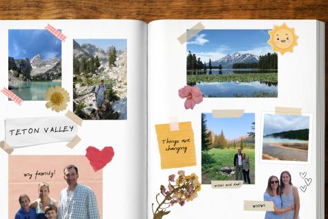A scrapbook graphic of images of the Teton Valley, the author and her family, and text that denotes who she is with.