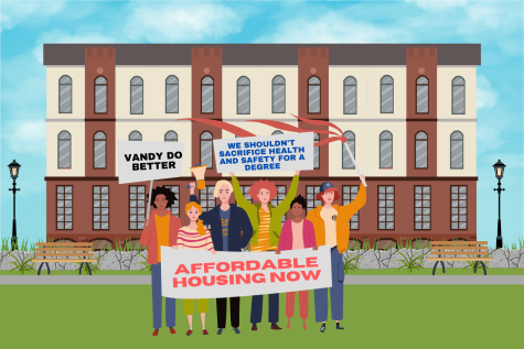 Graphic depicting graduate students protesting for higher wages and affordable housing (Hustler Multimedia/Alexa White)