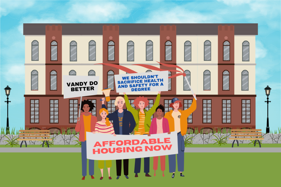 Graphic depicting graduate students protesting for higher wages and affordable housing (Hustler Multimedia/Alexa White)