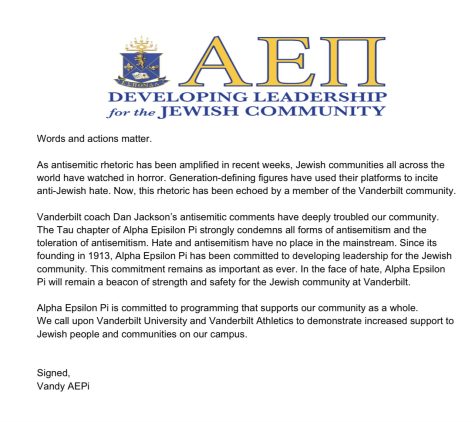 Vanderbilt's Tau chapter of Alpha Epsilon Pi Fraternity's statement regarding Dan Jackson's recent comments. (Photo courtesy of AEPi)