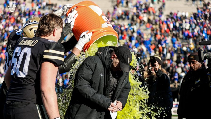 Clark Lea showered with Gatorade against Florida on Nov. 19, 2022. (Vanderbilt Athletics)