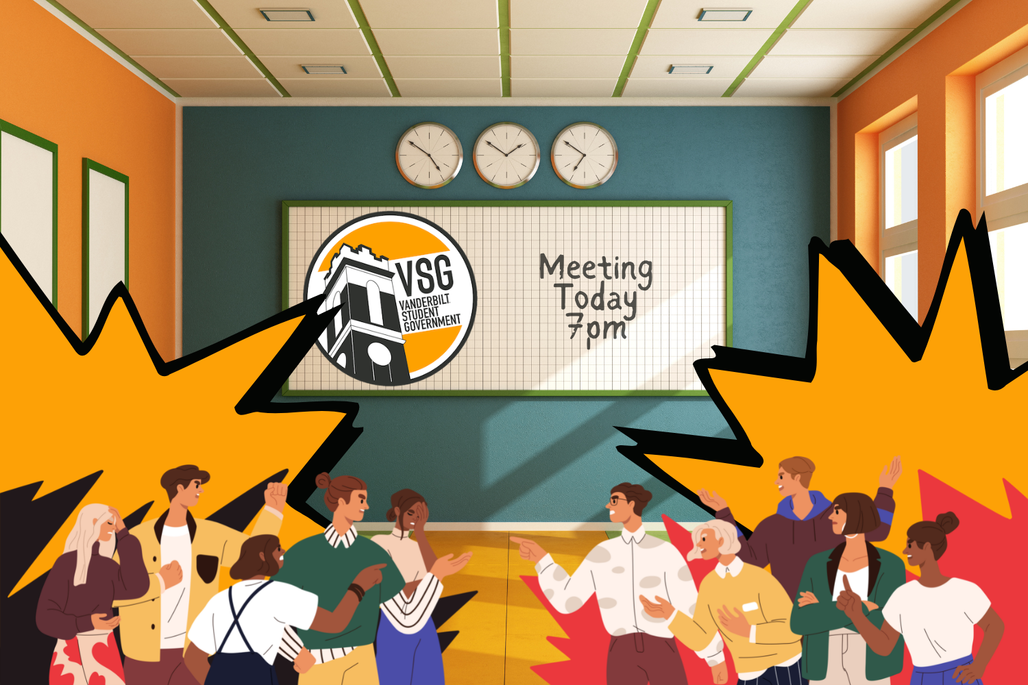 Graphic depicting a Vanderbilt Student Government meeting (Hustler Multimedia/Alexa White).