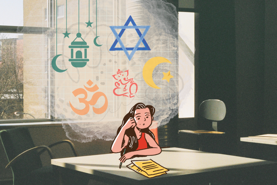 Graphic depicting a student surrounded by religious symbols. (Hustler Multimedia/Lexie Perez)