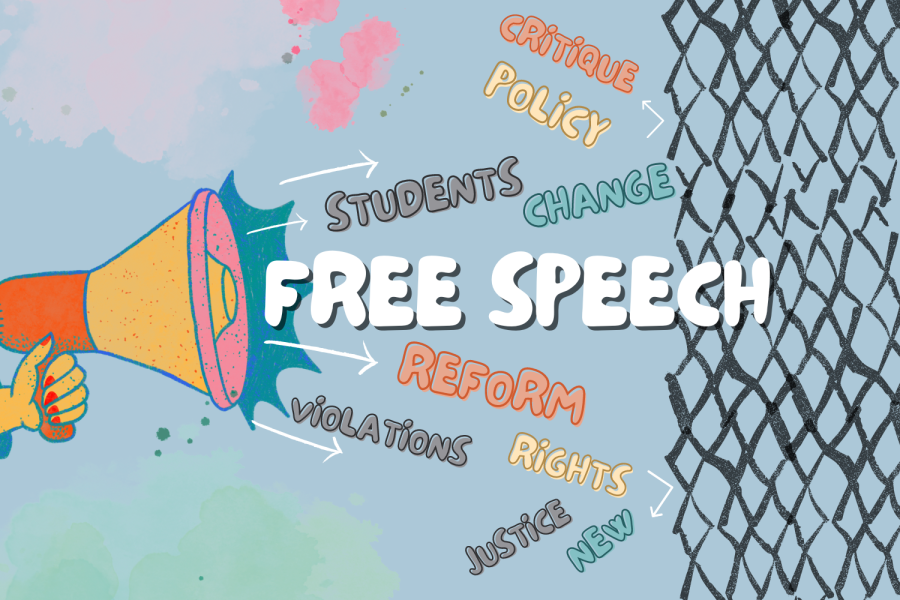 Graphic of a megaphone with free speech rhetoric coming out and a black chainlink fence in the background.