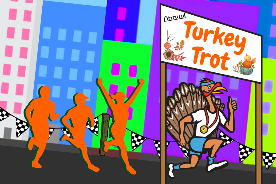 Graphic depicting a turkey joining a pack of runners on a Thanksgiving Day 5k. (Hustler Multimedia/Lexie Perez)