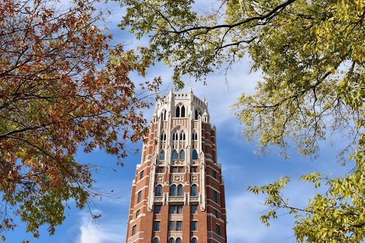Zeppos Tower surrounded by fall leaves, captured on Oct. 24, 2022. (Hustler Multimedia/Claire Gatlin)