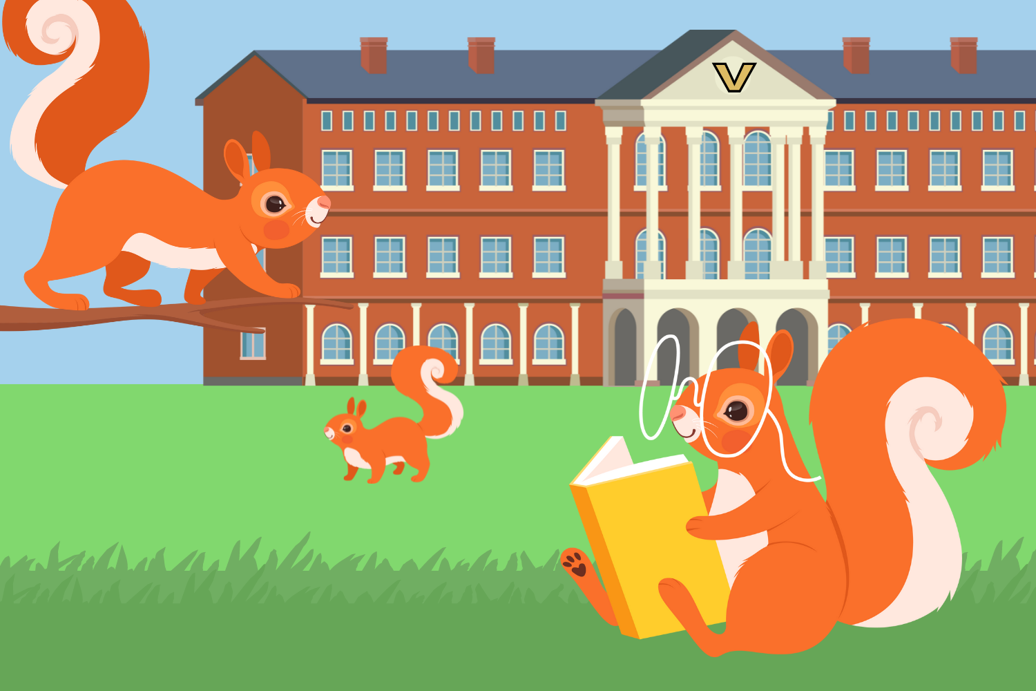Graphic depicting squirrels on Vanderbilts campus. The university takes pride in its 3-to-1 squirrel to student ratio (Hustler Multimedia/Alexa White). 