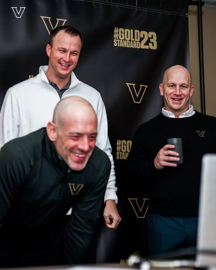 Vanderbilt head coach Clark Lea and position coaches celebrate Early Signing Day on Dec. 21, 2022.