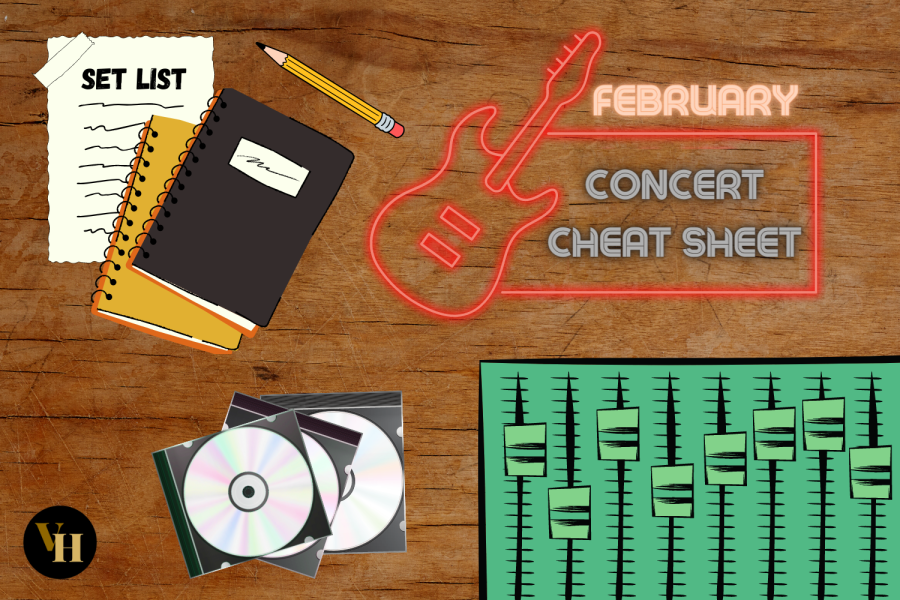 Graphic depicting several music-related items with the words “February concert cheat sheet.” (Hustler Multimedia/Lexie Perez)